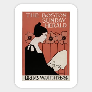 The Boston Sunday Herald vintage poster of a woman reading a newspaper in art nouveau style, by Ethel Reed. Sticker